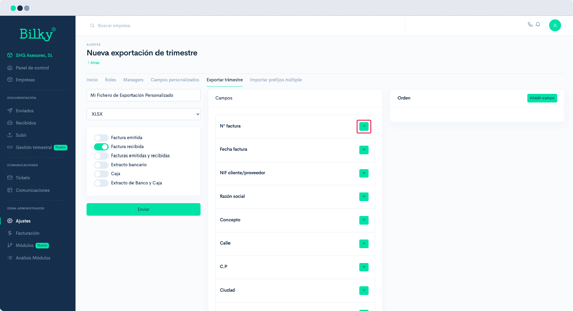 How can I set up my own Bilky Export file to export invoice, bank or cash data to my accounting software?
