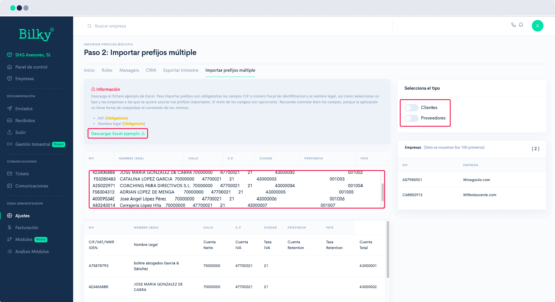 ¿Cómo puedo configurar los clientes y proveedores (prefijos) de mi cliente?