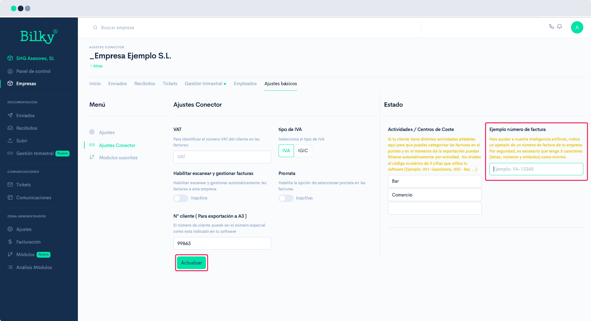 Cuando gestiono automáticamente las facturas de mis clientes no me detecta el número de la factura.