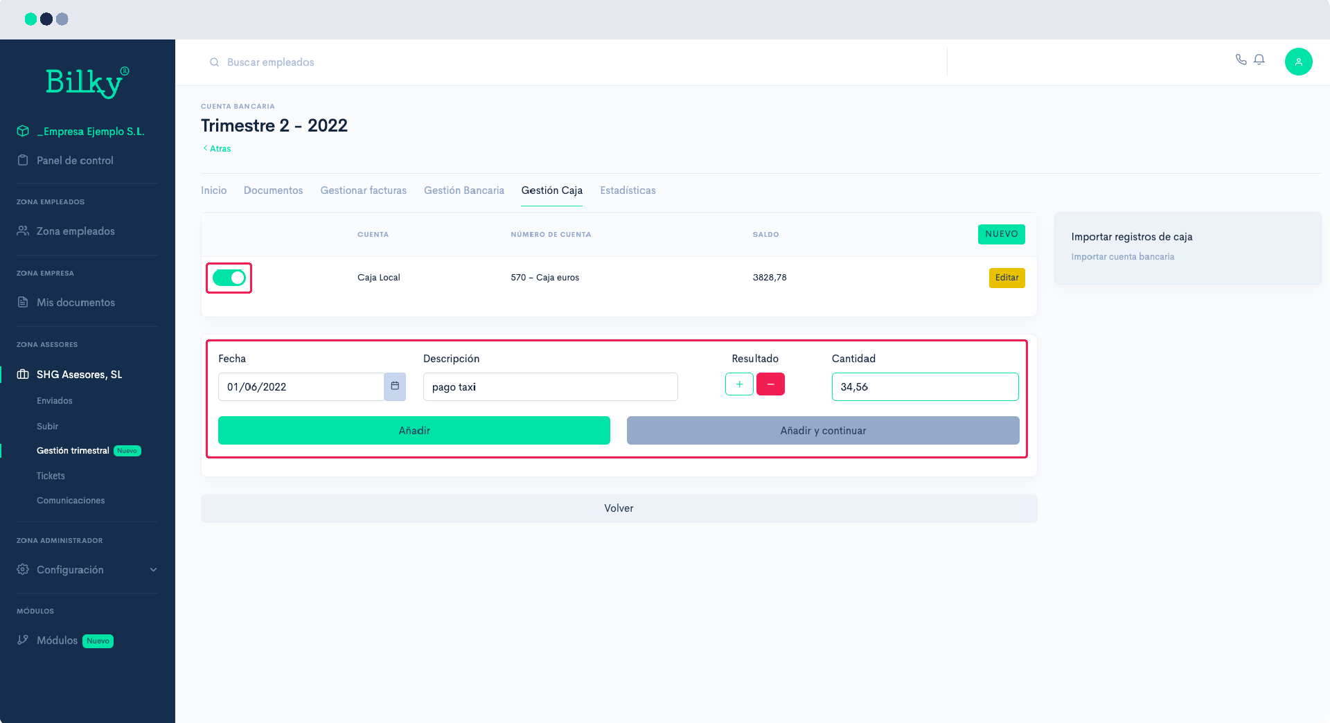 ¿Cómo puedo añadir los movimientos de Caja para mi Asesor?